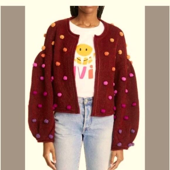 FARM Rio Sweaters - Farm Rio burgundy cardigan with balloon sleeves and rainbow Pom Poms L NWOT